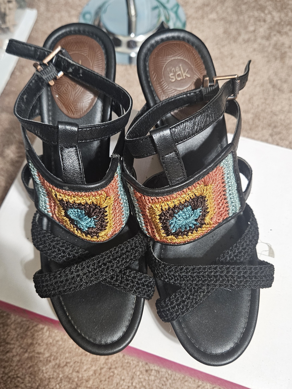 The Sak Women's Black Woven Strap Sandals with Colorful Embroidery 4" Wedge Heel